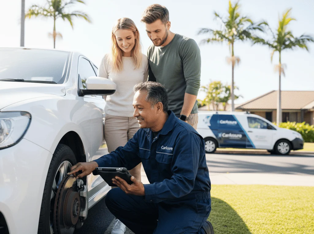 CarAssure inspector with a tablet checking a car's wheel while a couple watches, with a CarAssure van behind them