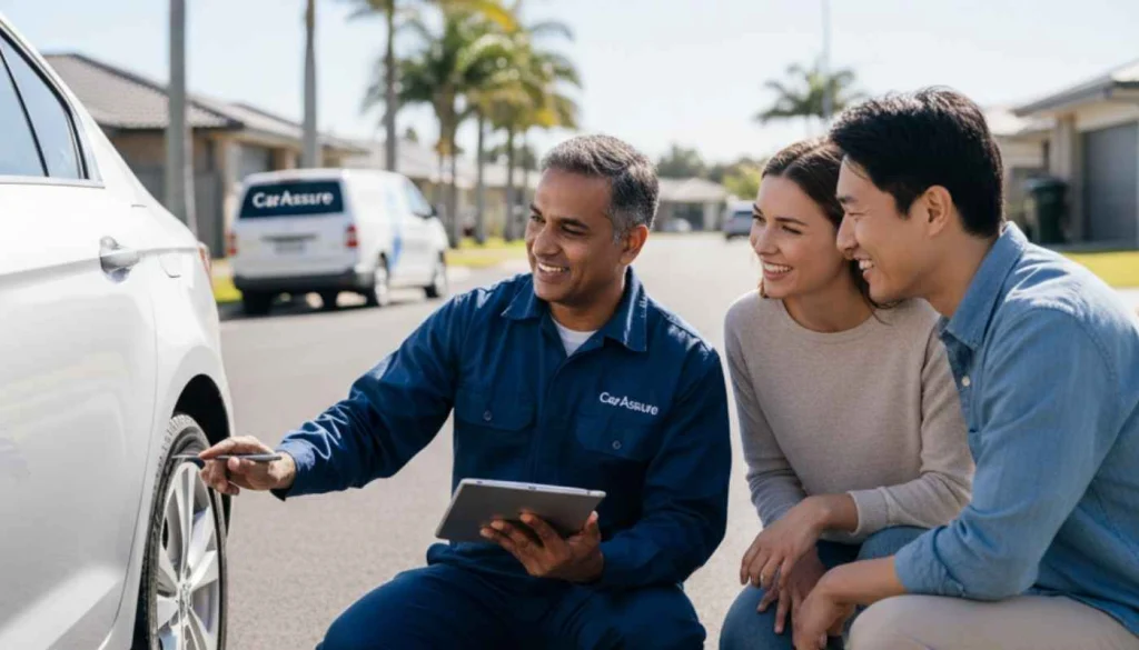 CarAssure inspector showing results on a tablet to a smiling couple beside a white car