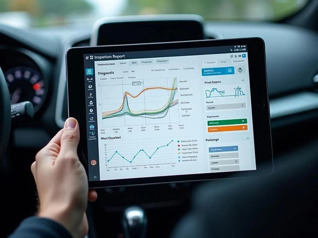 Hand holding a tablet showing a digital vehicle inspection report with diagnostic charts