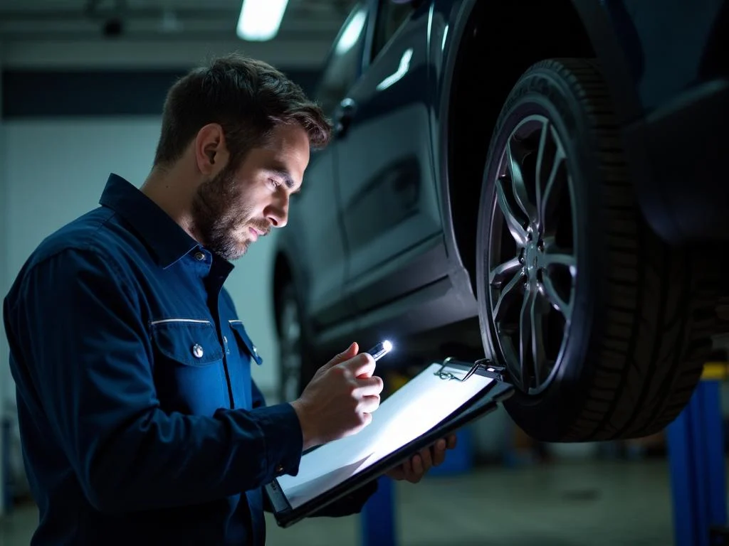 Mechanic with a torch and clipboard checking a car's wheel and suspension on a hoist