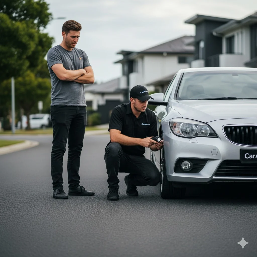 CarAssure inspector crouching by a silver car's front wheel while the buyer watches